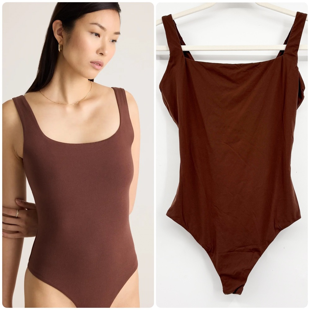 Quince Womens Chocolate Brown Second Skin Square Neck Minimalist Tank Bodysuit L